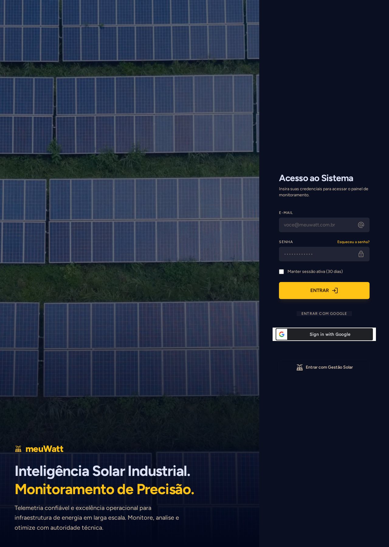 Tela do MeuWatt para monitoramento solar industrial