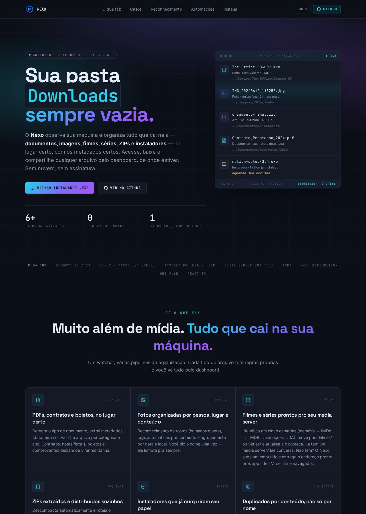 Captura do Nexo, organizador local de arquivos com IA, com a mensagem "Sua pasta Downloads sempre vazia."